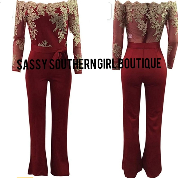🆕⭐ Wine red gold lace off shoulder jumpsuit - Picture 5 of 9